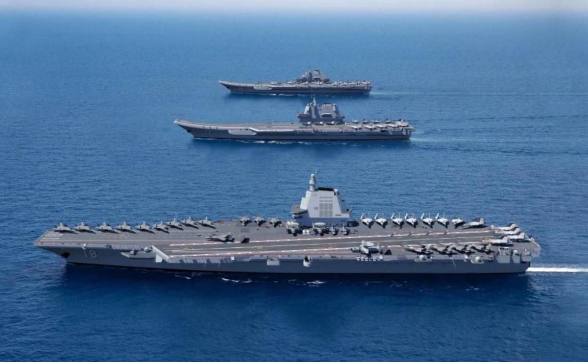 中國(guó)三航母同框圖片，揭示國(guó)家海軍力量的崛起，中國(guó)海軍力量崛起，三航母同框震撼圖片展示